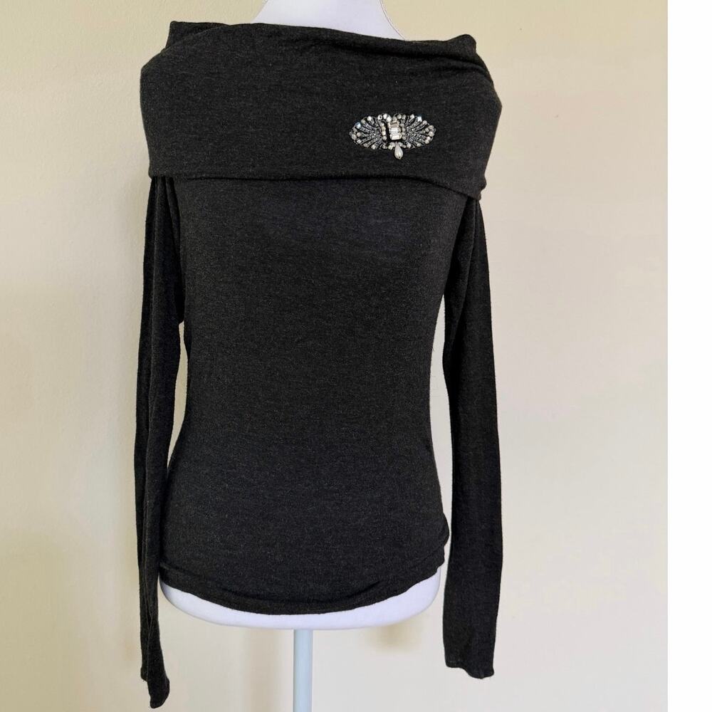 Blumarine Italy Heather Gray Off-Shoulder Top Jeweled Brooch IT 40 US XS S